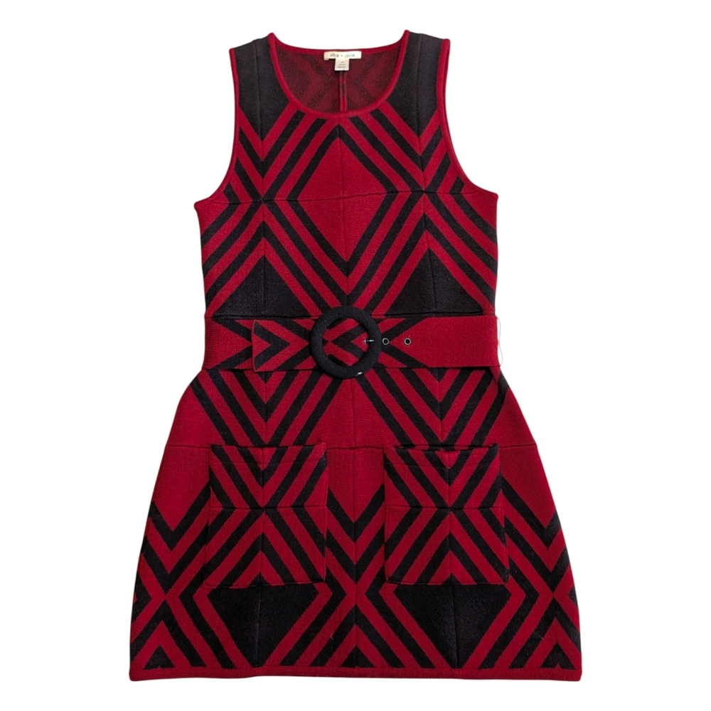 Alice + Olivia Geometric Wool Sweater Dress | Red Black | Belted Waist | Size M